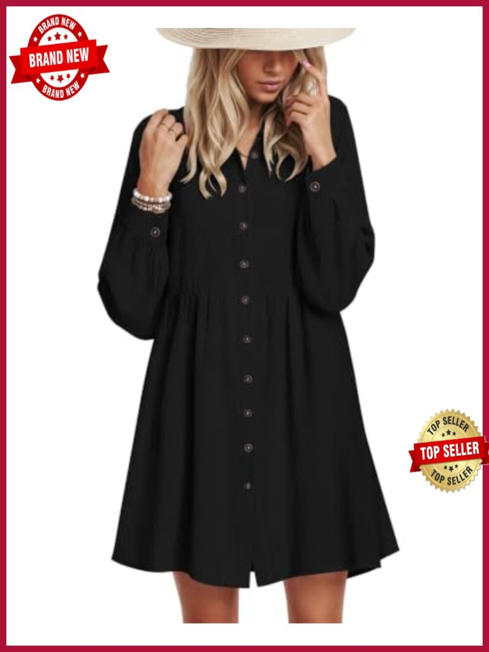 Women's Babydoll Dress Long Sleeve Button Down V-Neck with Pockets Tiered Swing